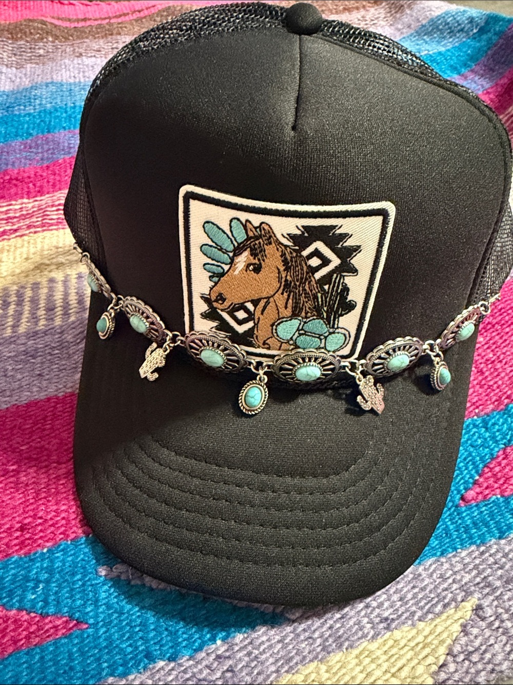 Black Trucker Hat with Turquoise Horse Patch and Chain